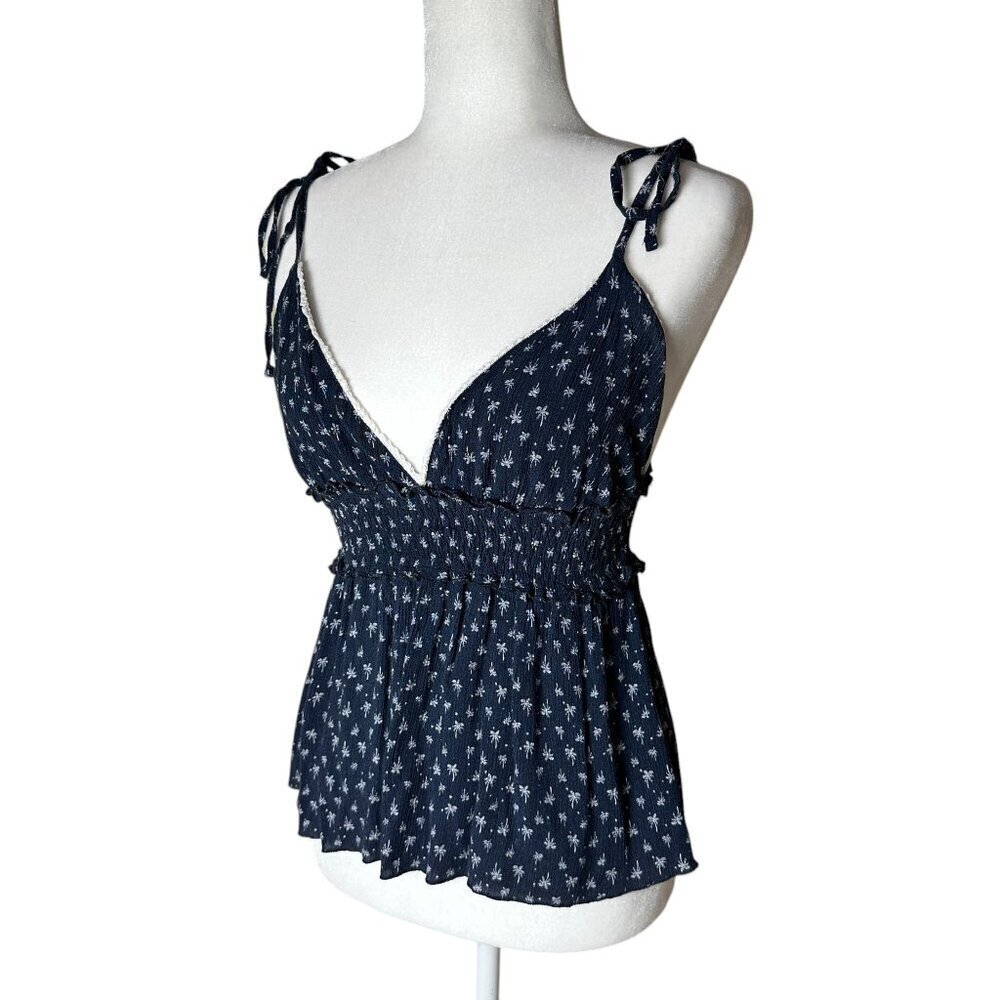 SYSTEMACTION Navy Blue Print Lace Trim Peplum Top Size Medium